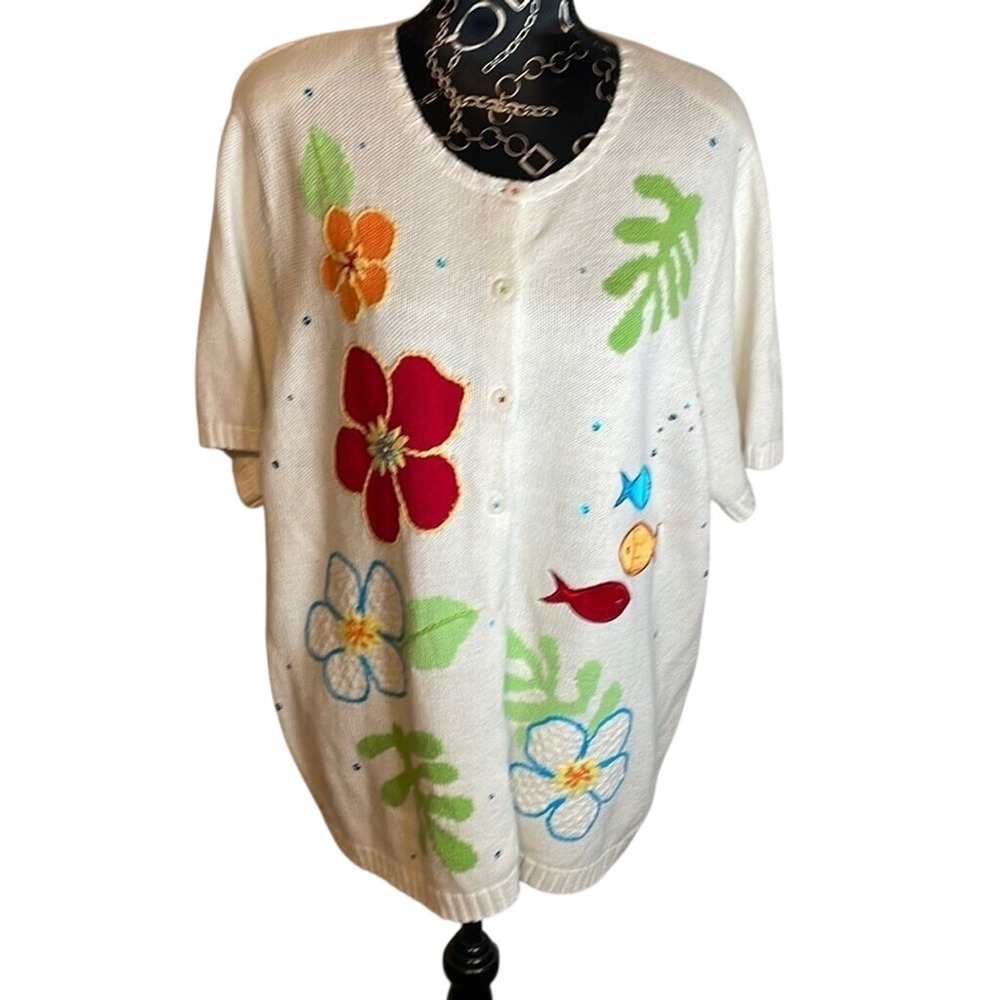 Breckenridge Woman 2X Tropical Floral Embroidered Cardigan Sweater Cream NWT